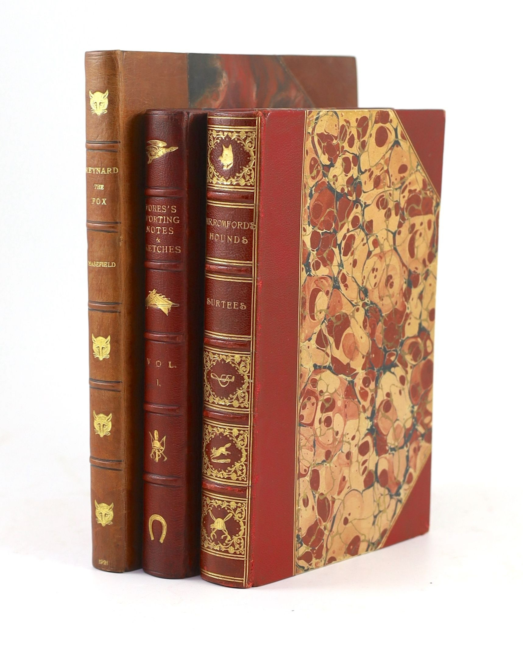 Masefield, John - Reynard the Fox, illustrated by G.D. Armour, 4to, half morocco, ink presentation inscription to front inner board, William Heinemann, London, 1921; Fore’s Sporting Notes & Sketches, vol. 1 only, London,